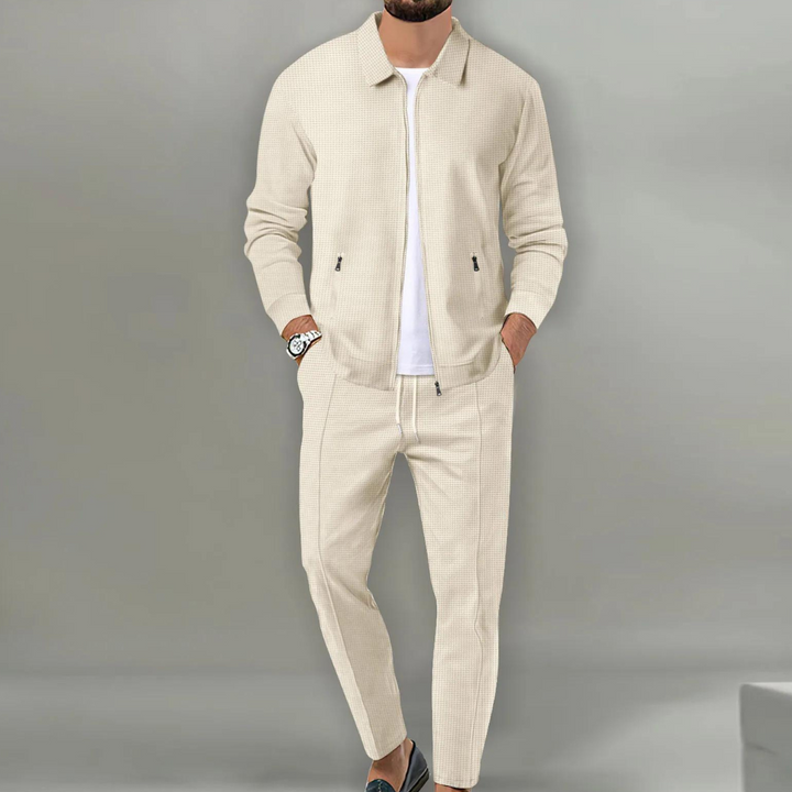 Heren tweedelig pak met opstaande kraag, colbert en slim fit pantalon 0