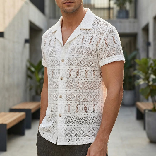 Herre shirt | Hæklet shirt med åbent mønster og korte ærmer