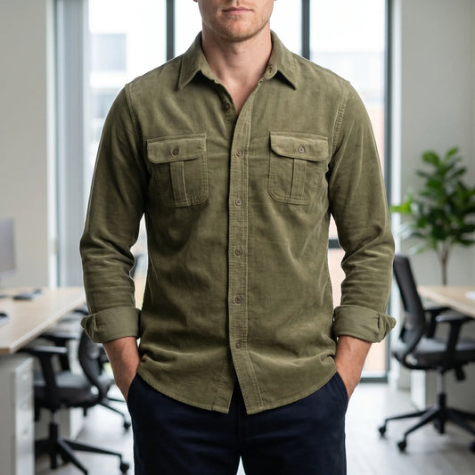 Herreskjorte | Corduroy look skjorte med brystlommer
