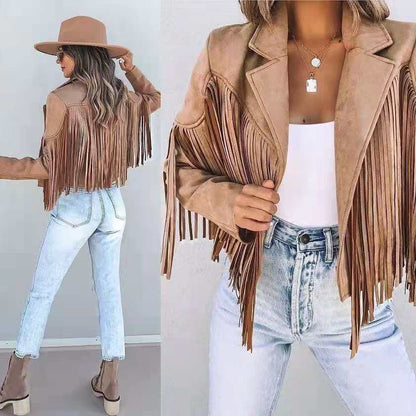 Capucine – Veste courte à franges avec col à revers femme
