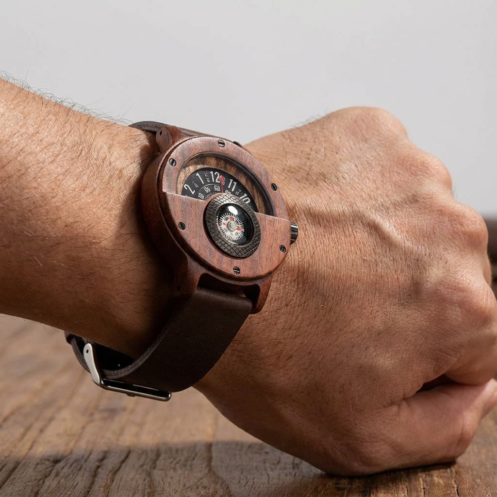 Horloge heren | Houten horloge Helvique met leren band