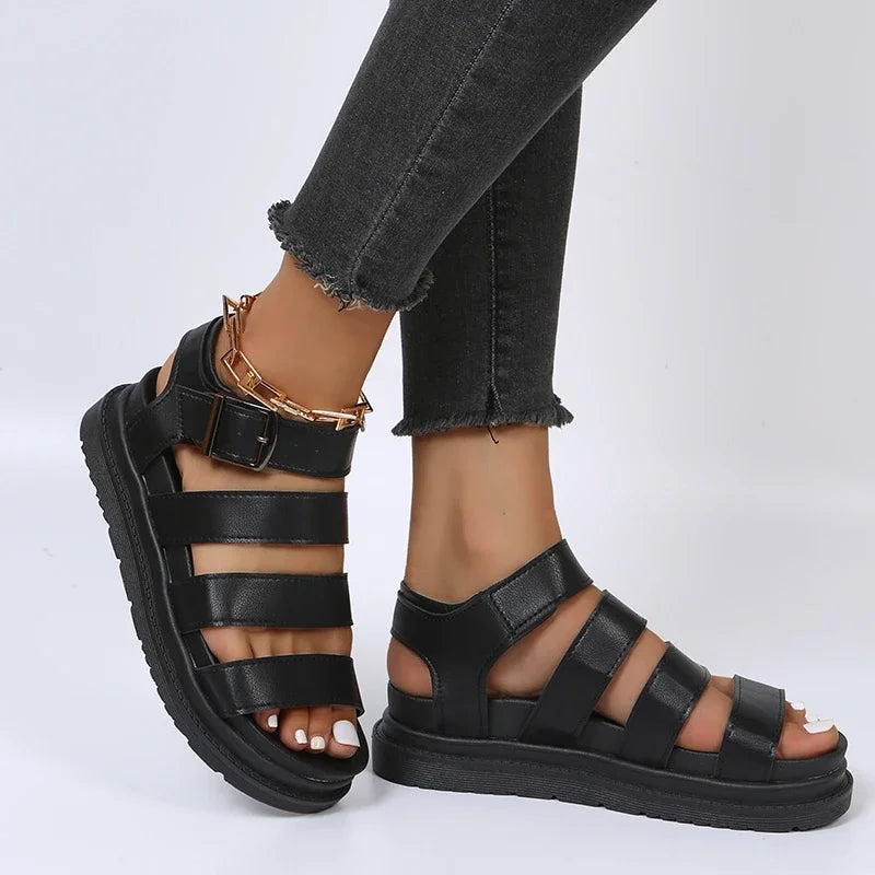 Women's Leather Platform Strappy Buckle Sandals
