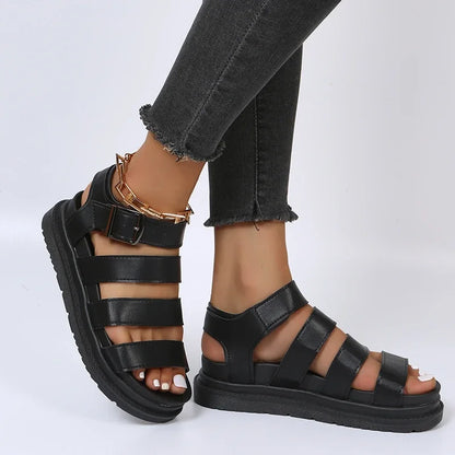 Women's Leather Platform Strappy Buckle Sandals