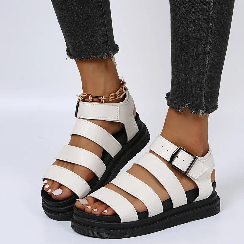 Women's Leather Platform Strappy Buckle Sandals