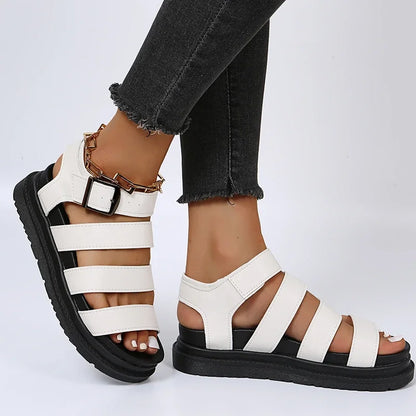 Women's Leather Platform Strappy Buckle Sandals