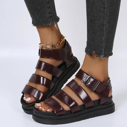 Women's Leather Wide Strap Adjustable Buckle Platform Sandals