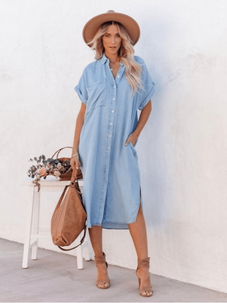 Liora | Afslappet Denim Skjortekjole i Let Chambray med Løs Pasform til Casual Hverdagsbrug | Blå Kjole