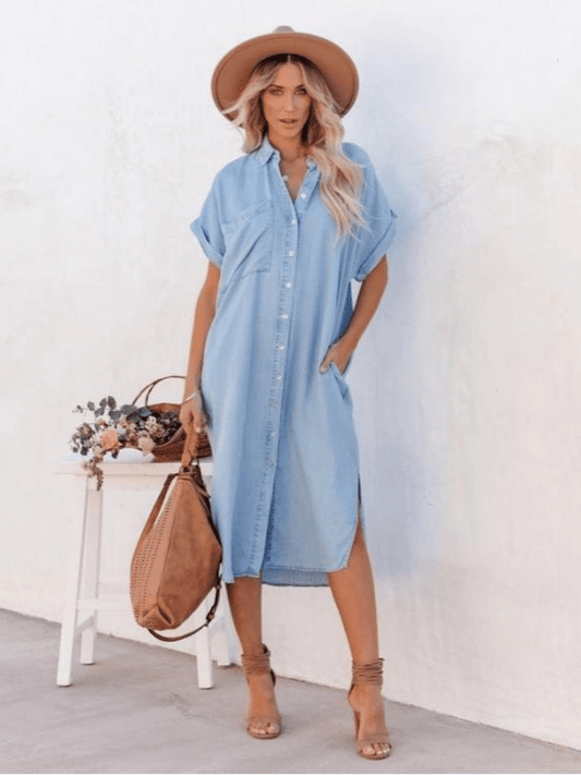 Liora | Afslappet Denim Skjortekjole i Let Chambray med Løs Pasform til Casual Hverdagsbrug | Blå Kjole