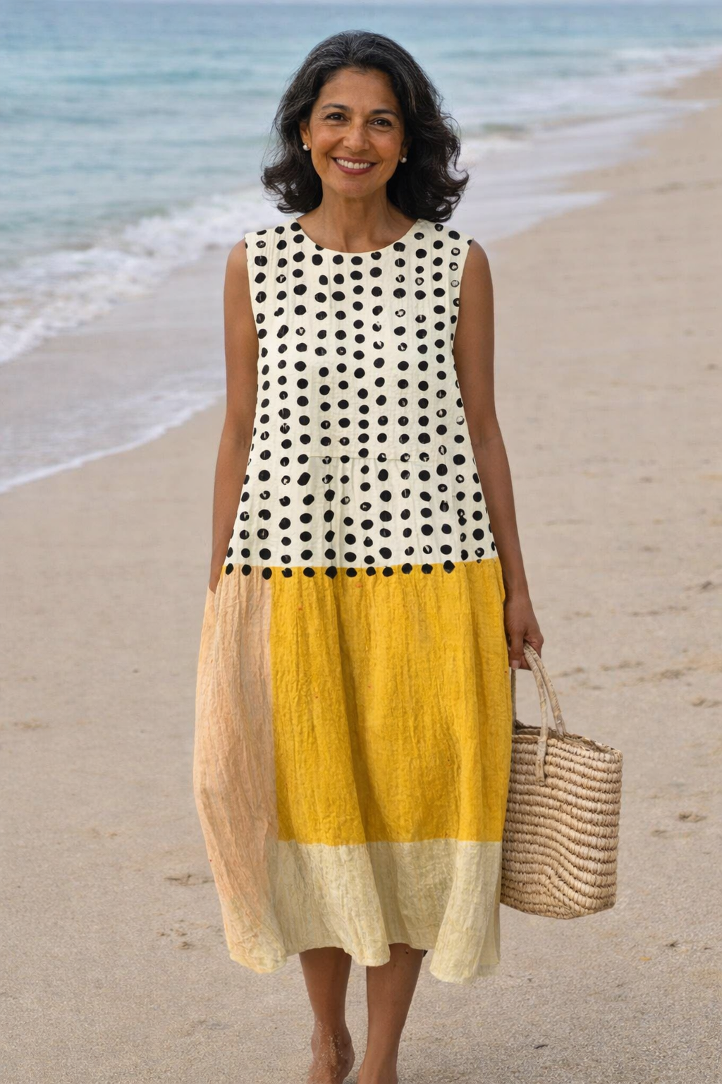Mariam | Vestido midi de bloques de color con lunares