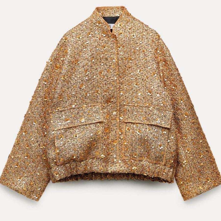 Adeline - Blouson aviateur à paillettes à manches longues avec boutons