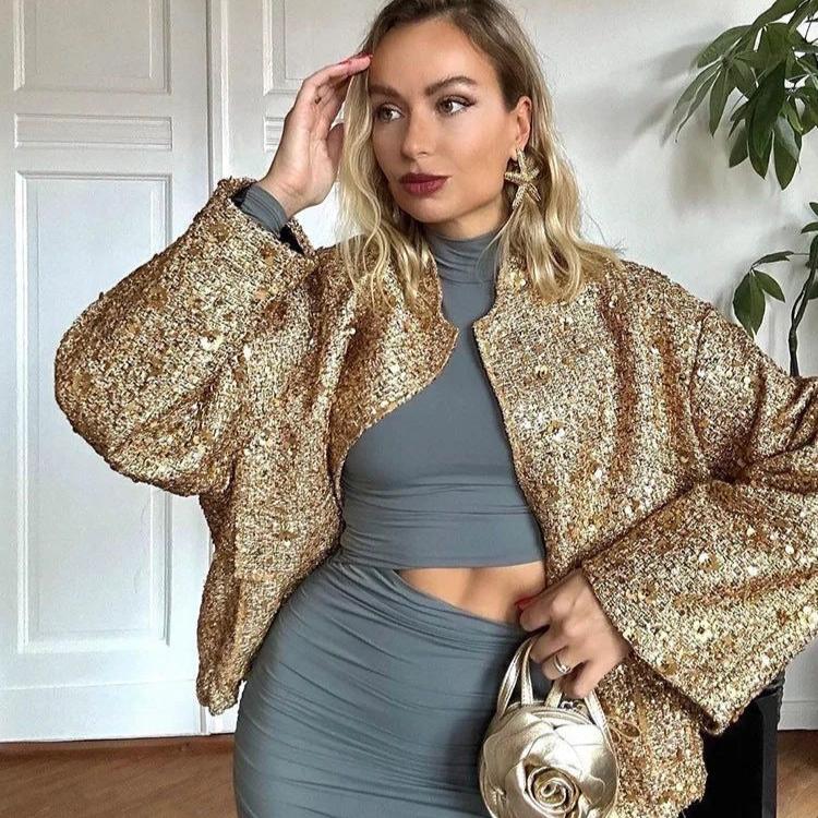 Adeline - Blouson aviateur à paillettes à manches longues avec boutons