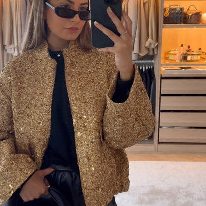 Adeline - Blouson aviateur à paillettes à manches longues avec boutons