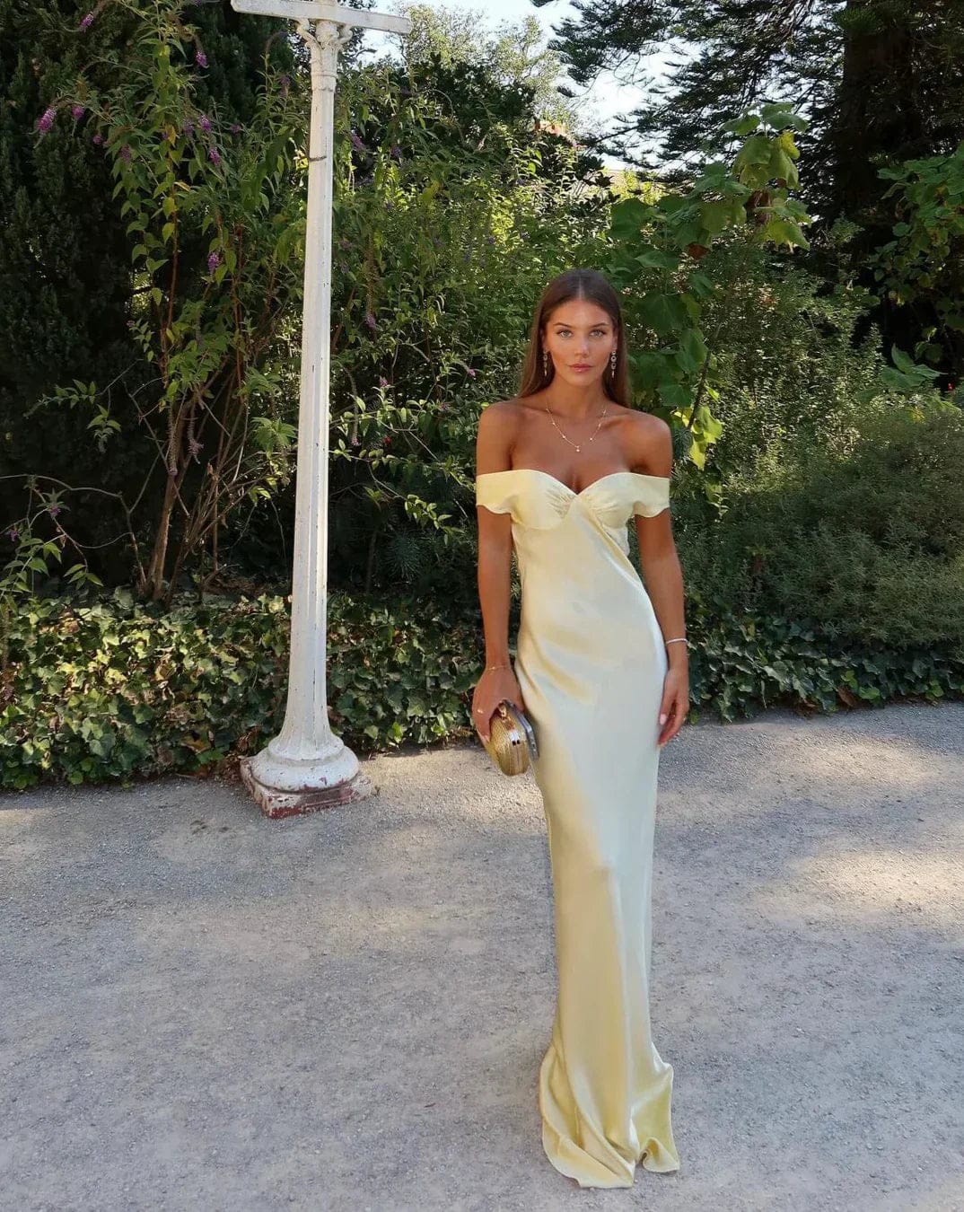 Bonnie - Backless Satin Maxi Off Shoulder Dress