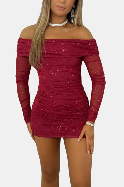 Ilene – Sparkle Mesh Off Shoulder Mini Dress