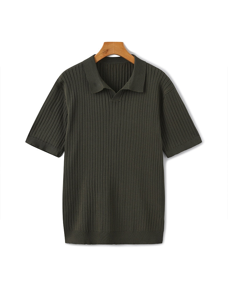 Men's Elegant Ribbed Polo Shirt Short Sleeve Classic Fit