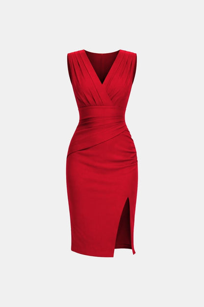 Iona - Cross V-Neck Pleated Midi Dress