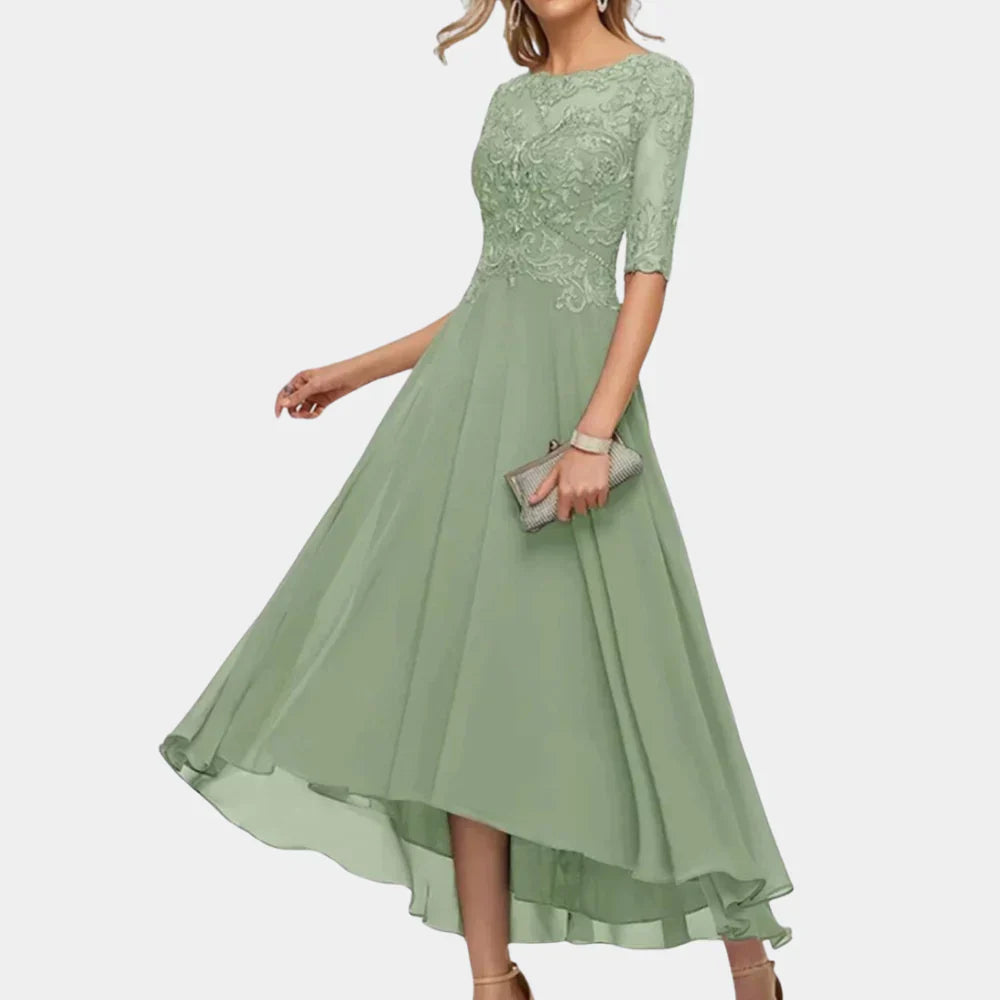 Bela– Elegante jurk met driekwartmouwen Met kantdetails en vloeiende rok