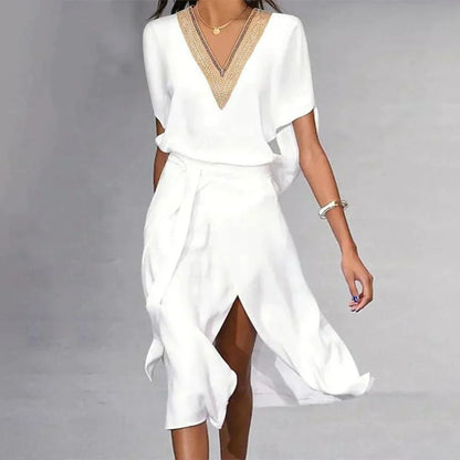 Women's V-Neck Midi Dress with Elegant Detailing