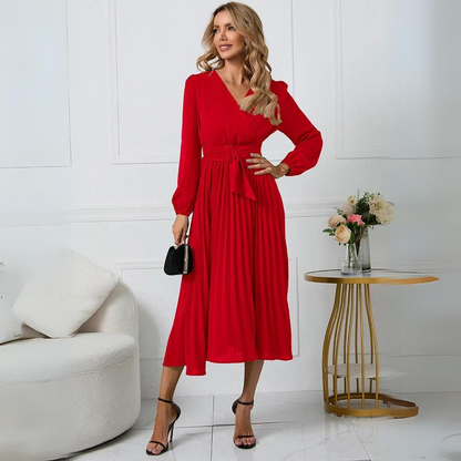 Robe Midi Portefeuille Plissée Femme – Manches Longues Col V Style Élégant