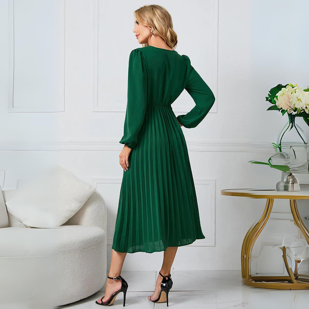 Robe Midi Portefeuille Plissée Femme – Manches Longues Col V Style Élégant