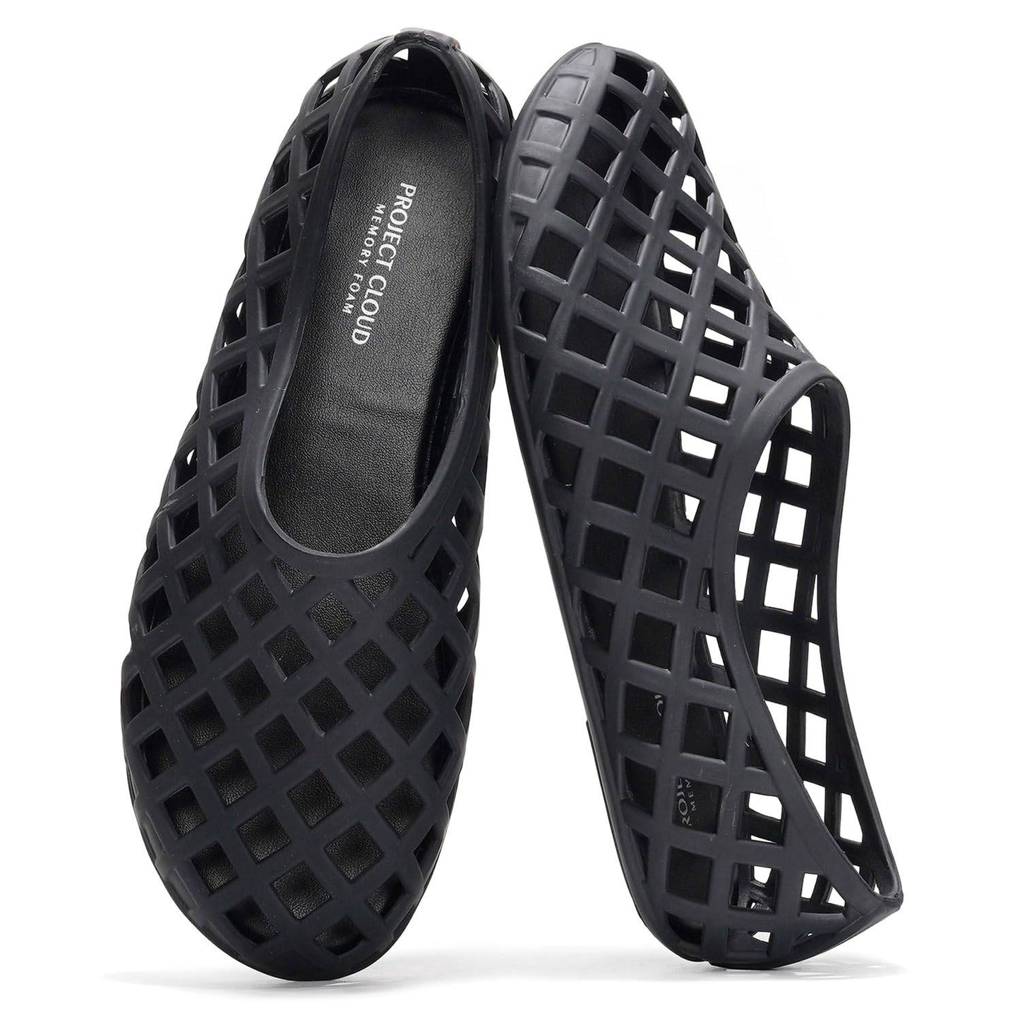 Project Cloud black Jellz ballet flats with openwork design. Waterproof, memory foam womens shoes.