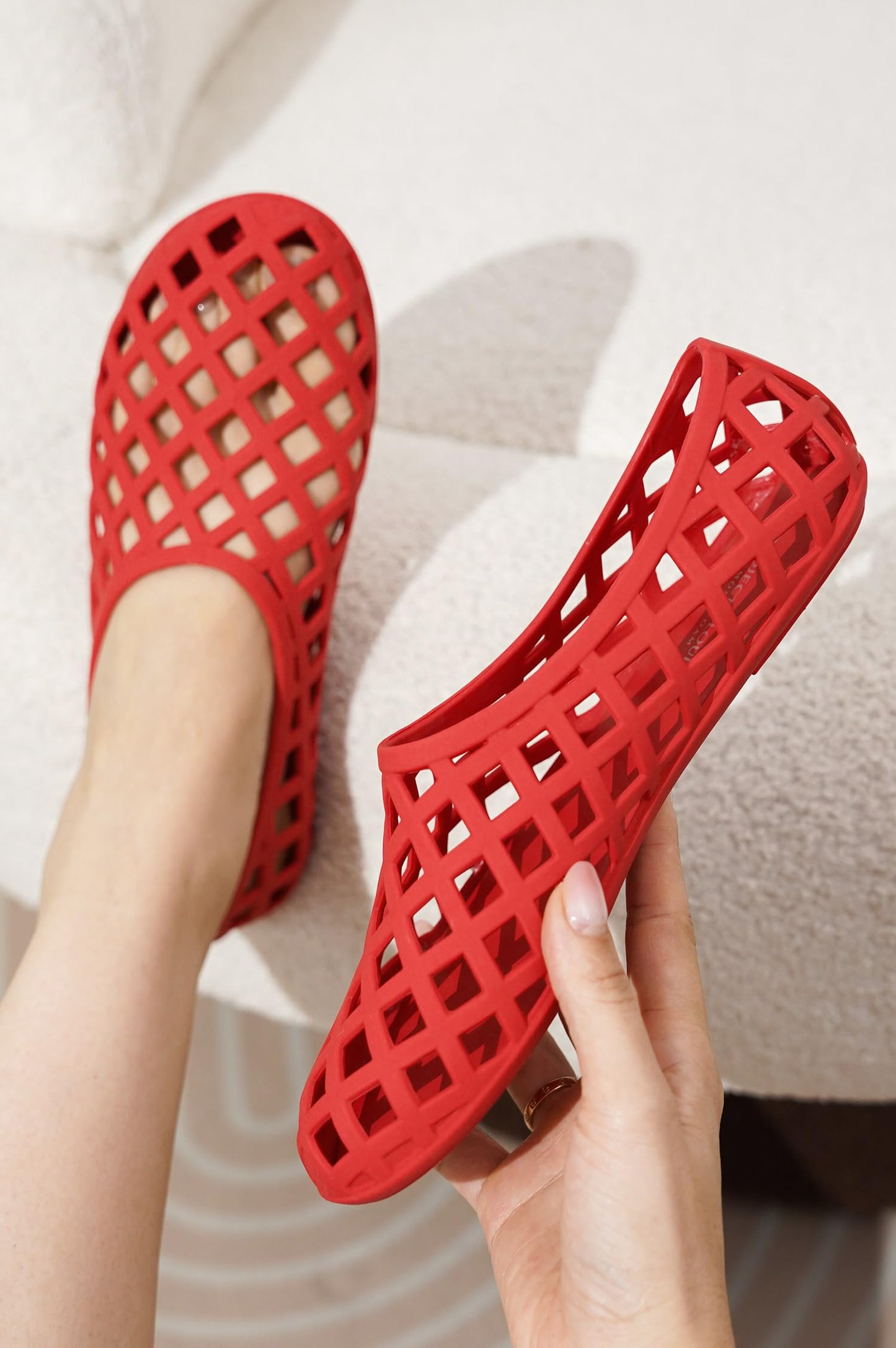 Project Cloud Jellz red openwork ballet flats for women, featuring waterproof and non-slip design.
