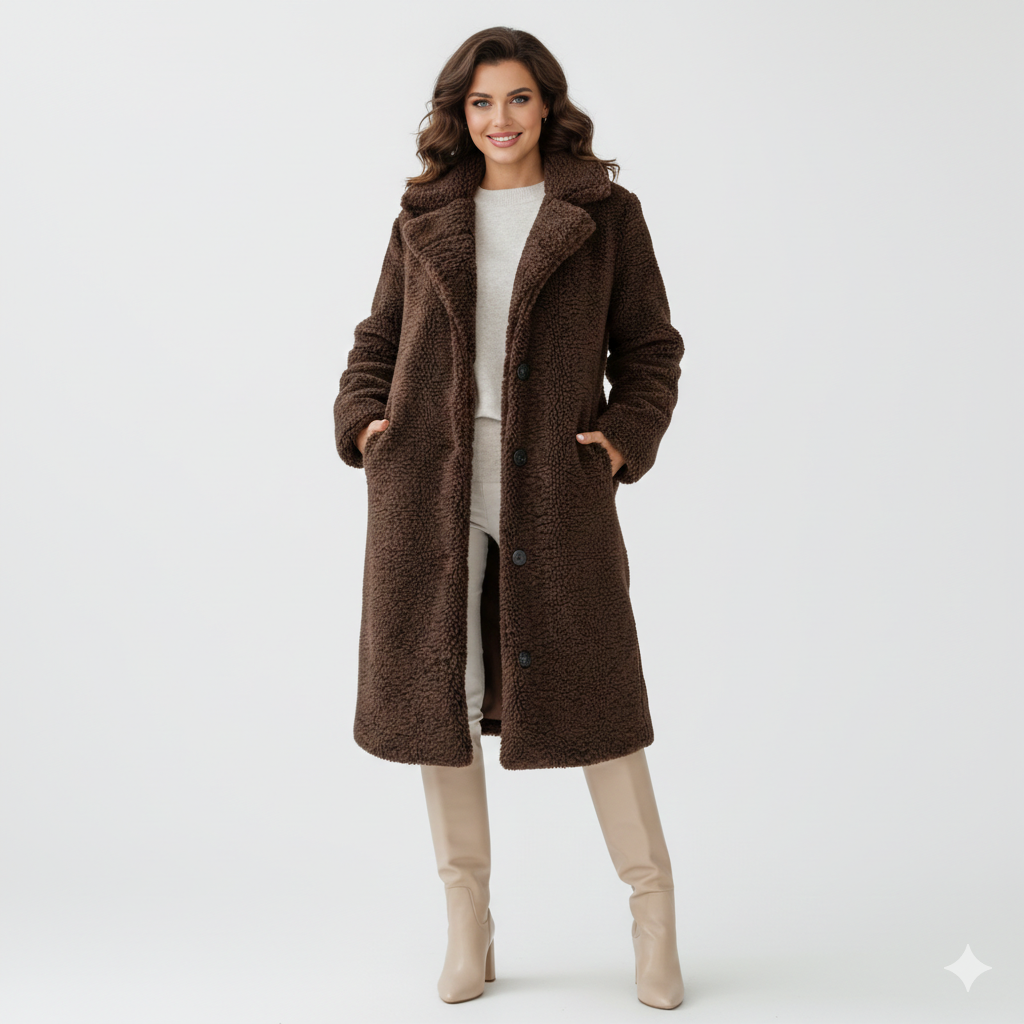 Angel Manteau Teddy Long Femme – Coupe Oversize Douce avec Col Revers & Fermeture Boutonnée