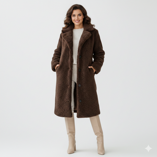 Angel Manteau Teddy Long Femme – Coupe Oversize Douce avec Col Revers & Fermeture Boutonnée