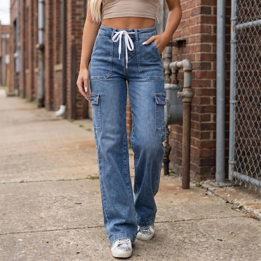 Jeans dames | Wide leg cargo jeans met hoge taille