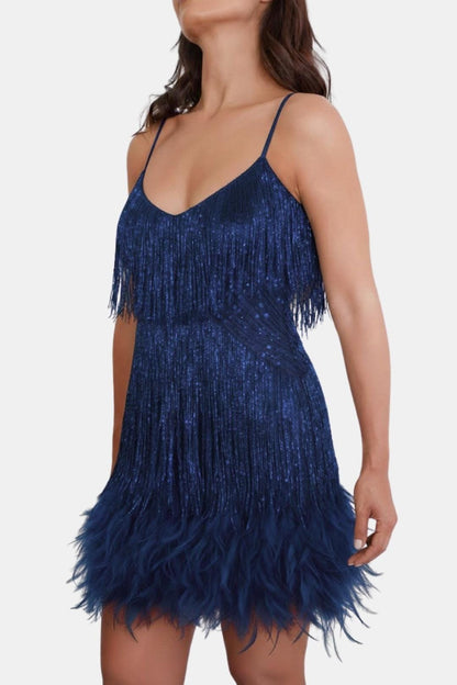 Jeena – Sequin Fringe Feather Party Dress