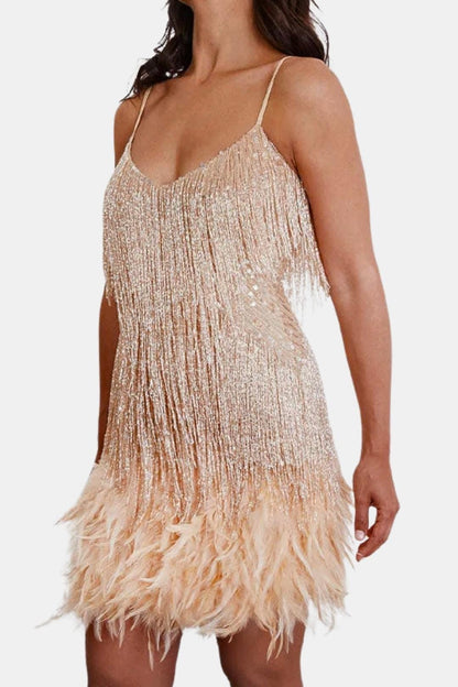 Jeena – Sequin Fringe Feather Party Dress