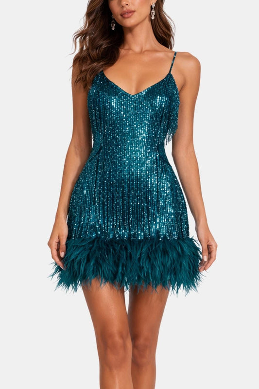 Jeena – Sequin Fringe Feather Party Dress