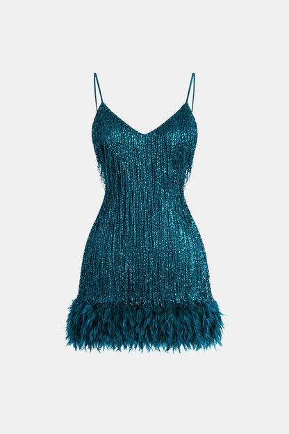 Jeena – Sequin Fringe Feather Party Dress