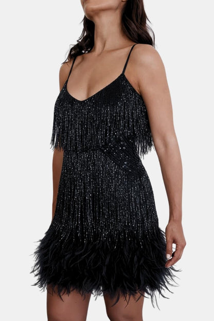 Jeena – Sequin Fringe Feather Party Dress