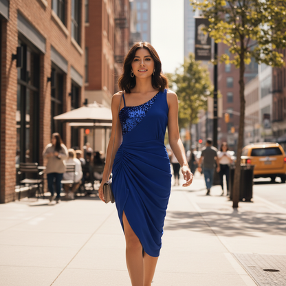 Jimena | Women Asymmetrical Cocktail Dress With Draped Bodice And Flared Skirt | Party Style