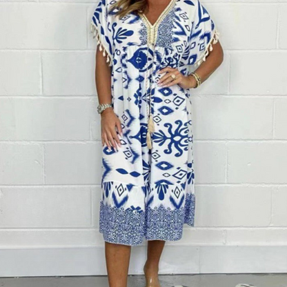 Zymara | V-hals jurk met print – casual zomerse jurk met franjes aan de mouwen voor dames