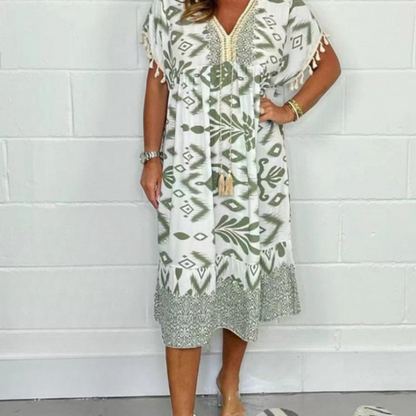 Zymara | V-hals jurk met print – casual zomerse jurk met franjes aan de mouwen voor dames