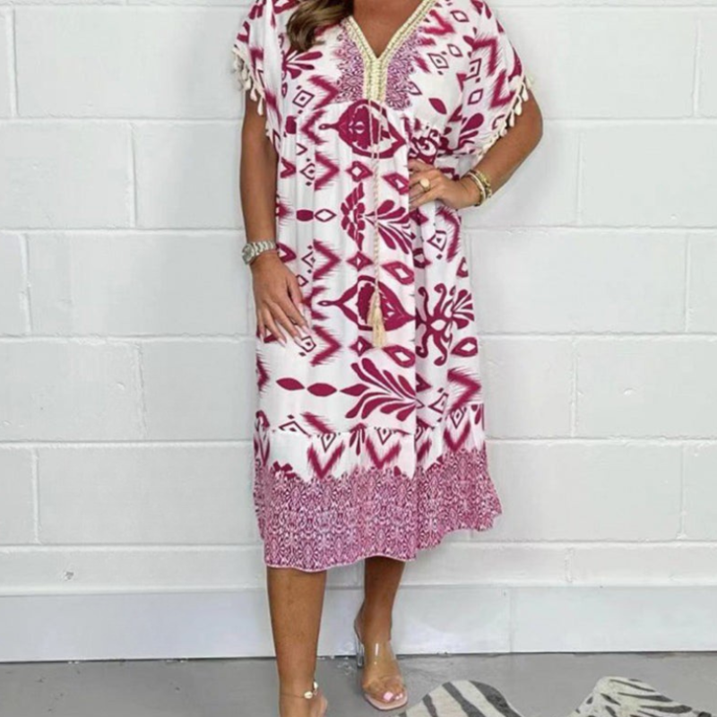 Zymara | V-hals jurk met print – casual zomerse jurk met franjes aan de mouwen voor dames