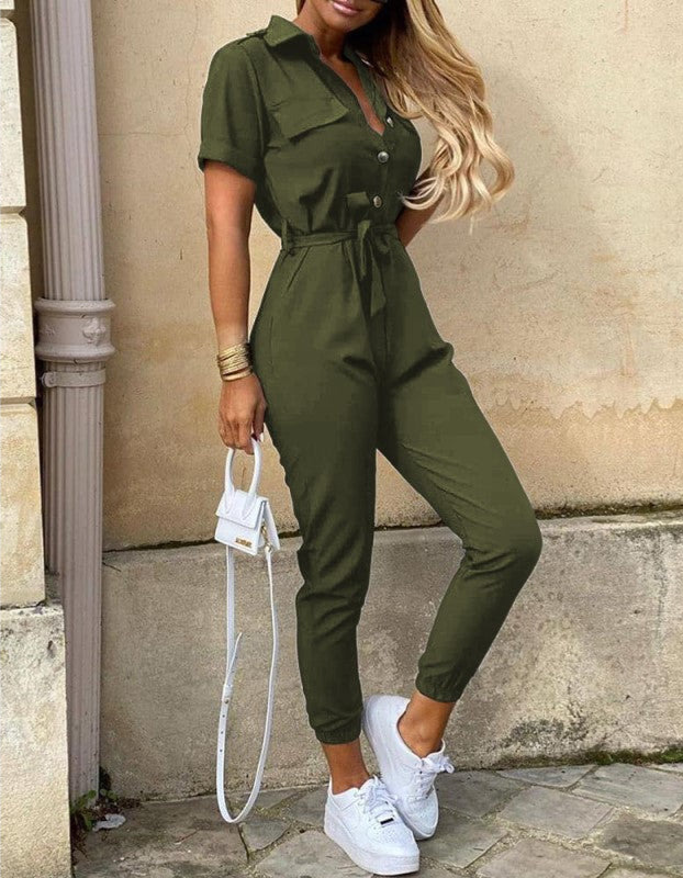 Jumpsuit dames | Zomerse jumpsuit met ceintuur en korte mouw