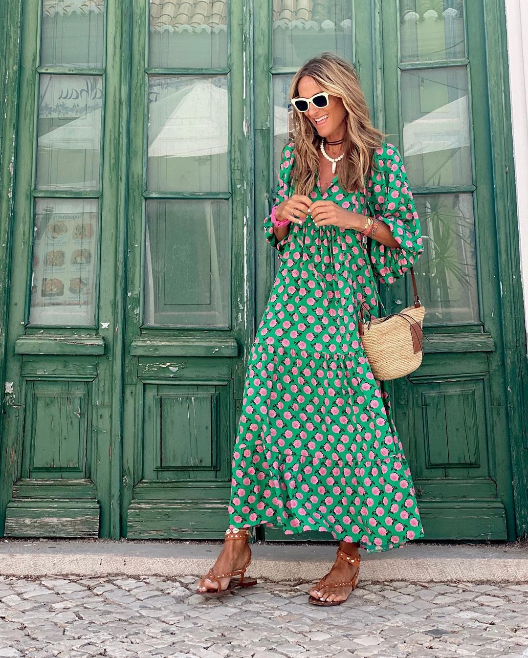 Women's Printed V Neck Flowy Maxi Dress