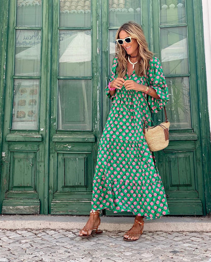 Women's Printed V Neck Flowy Maxi Dress