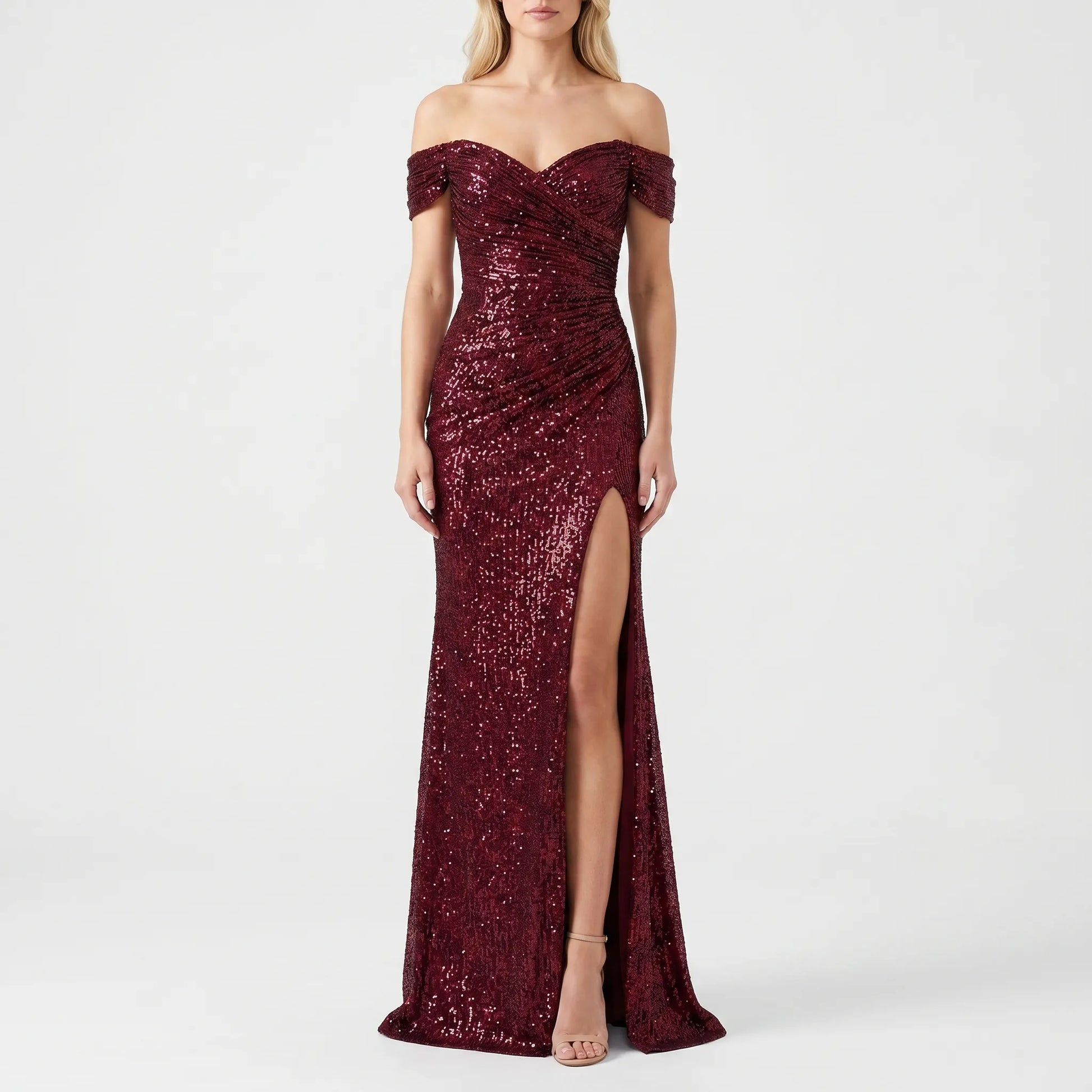 Jurk dames | Lange avondjurk met split en off shoulder