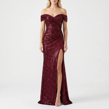 Jurk dames | Lange avondjurk met split en off shoulder
