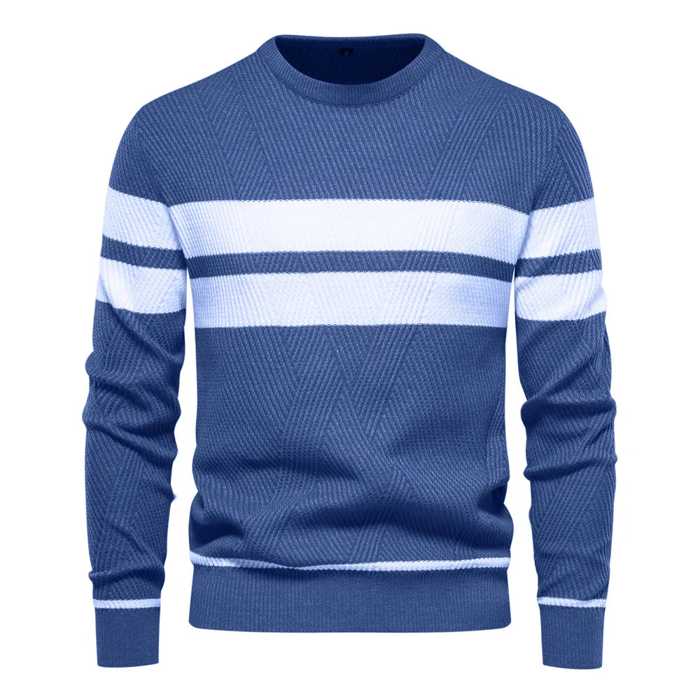 Men’s Knitted Crew Neck Jumper – Soft Wool Blend Stylish Casual Layering with Modern Stripe Detail