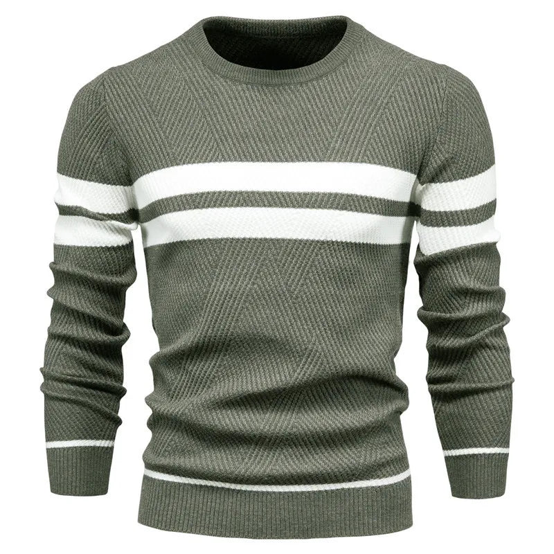 Men’s Knitted Crew Neck Jumper – Soft Wool Blend Stylish Casual Layering with Modern Stripe Detail