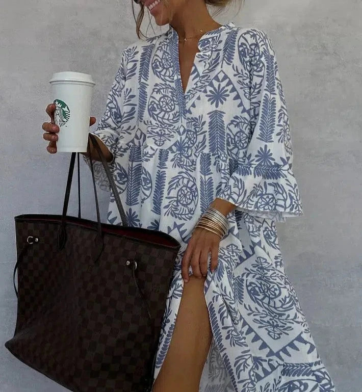 Women's Boho Print V-Neck 3/4 Sleeve Swing Dress