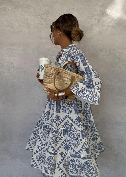 Women's Boho Print V-Neck 3/4 Sleeve Swing Dress