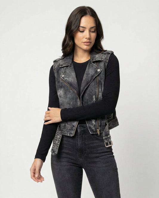 Kutti | Damska Kamizelka Denim Biker Bez Rękawów Casual