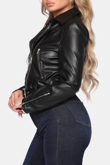 Kelsey - Moto Belted Zip Leather Jacket