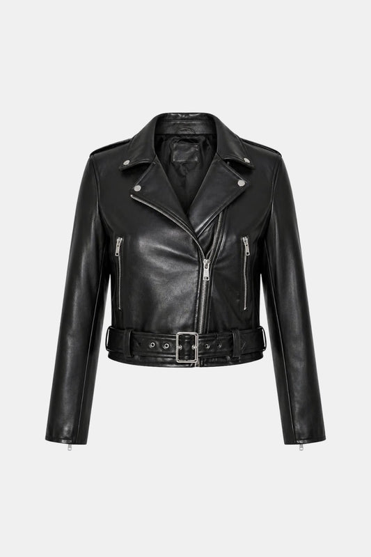 Kelsey - Moto Belted Zip Leather Jacket